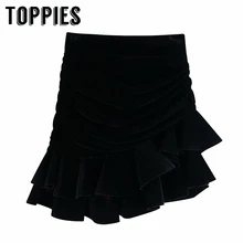 Черные бархатные мини юбки женские ниспадающие оборки асимметричные юбки зимняя сексуальная клубная одежда