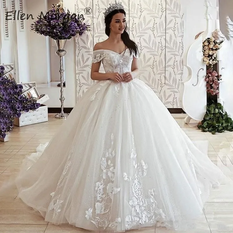 

Real Picture Off Shoulder Lace Wedding Dresses Elegant 2020 Ivory Puffy Applique Tulle Formal Bridal Dress Vestidos De Novia