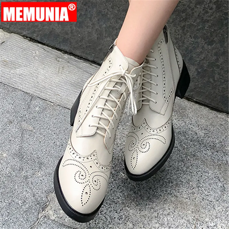 

MEMUNIA 2020 new genuine cow leather boots lace up square heel spring autumn boots black ankle boots for women