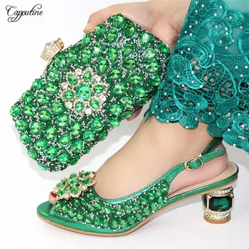 

Excellent green shoes and handbag set with cyrstal stones nice sandals with purse CR171, heel height 6.5cm