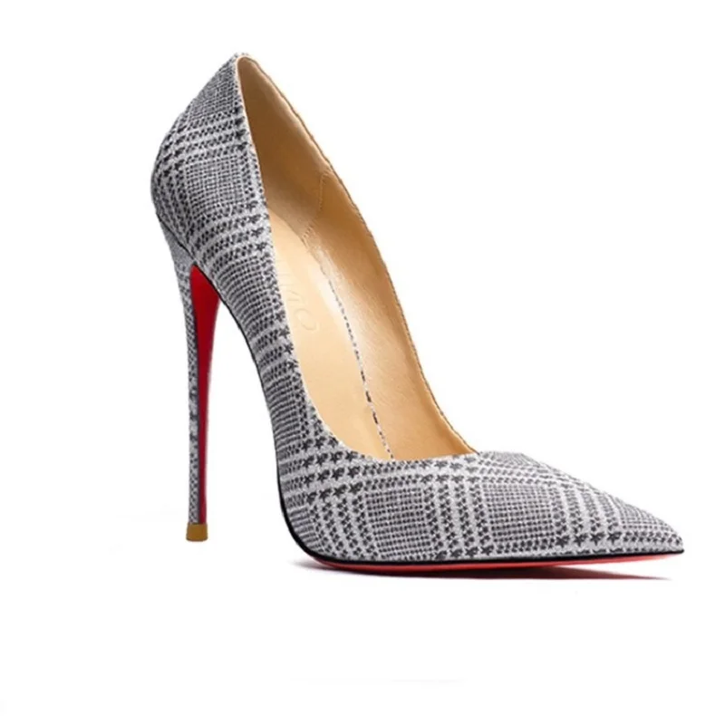 

Spring checkered cloth surface sexy pointed toe stiletto heel work single shoes banquet dress red sole large size women's shoes