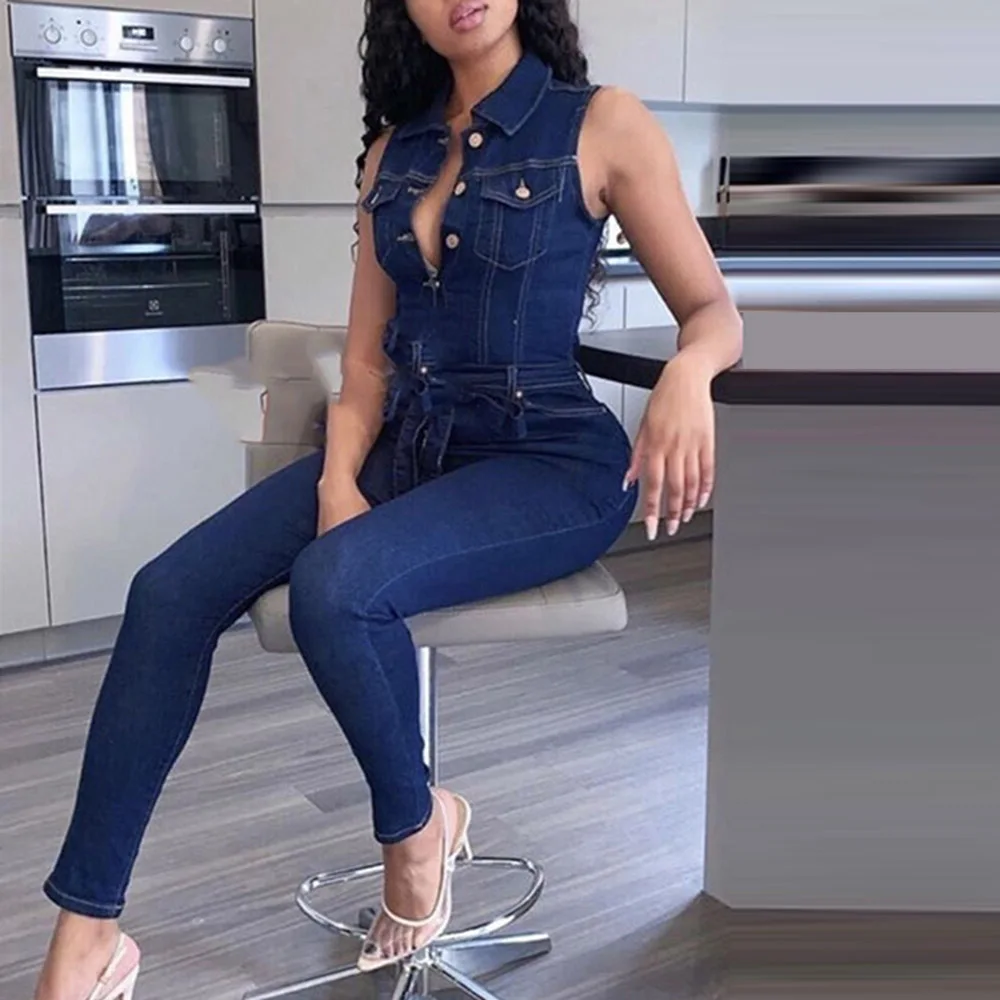 

Fashion Summer Denim Jumpsuit Women Jeans Overalls Plus Size 2XL Sexy Sleeveless Casual Outfits Lace-Up Long Jumpsuits
