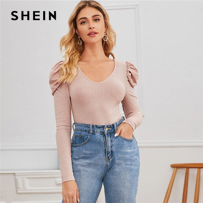 SHEIN золотого цвета с v-образным вырезом жиго рукавом блестками футболка Для женщин, весна, футболка, блуза с буфами на плечах, мериносовой шерсти/Гламурная Slim Fit туника Топ