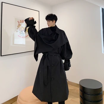 

Men Gothic Trench Coat Vintage Puff Sleeve Loose Casual Long Windbreaker Jacket Overcoat Male Streetwear Hip Hop Outerwear