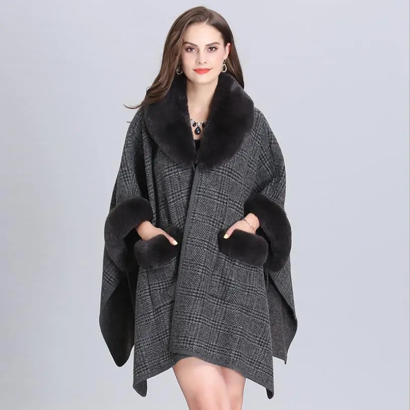 dark gray Новинка года; зимнее вязаное пальто с воротником из искусственного лисьего меха в европейском стиле; женский кардиган с широкими рукавами; шаль; плащ; куртки; F211 - Цвет: dark gray