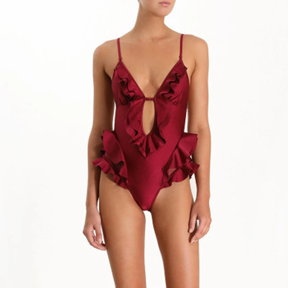 Ruffle Swimsuit One-Piece Vintage Women Beach Summer Red Maillot-De-Bain