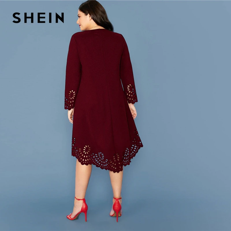 Günstig SHEIN Plus Größe Burgund Laser Cut Asymmetrische Saum Kleid Frauen Frühjahr Lange Hülse O ansatz Feste A line Elegante Kurze Kleider