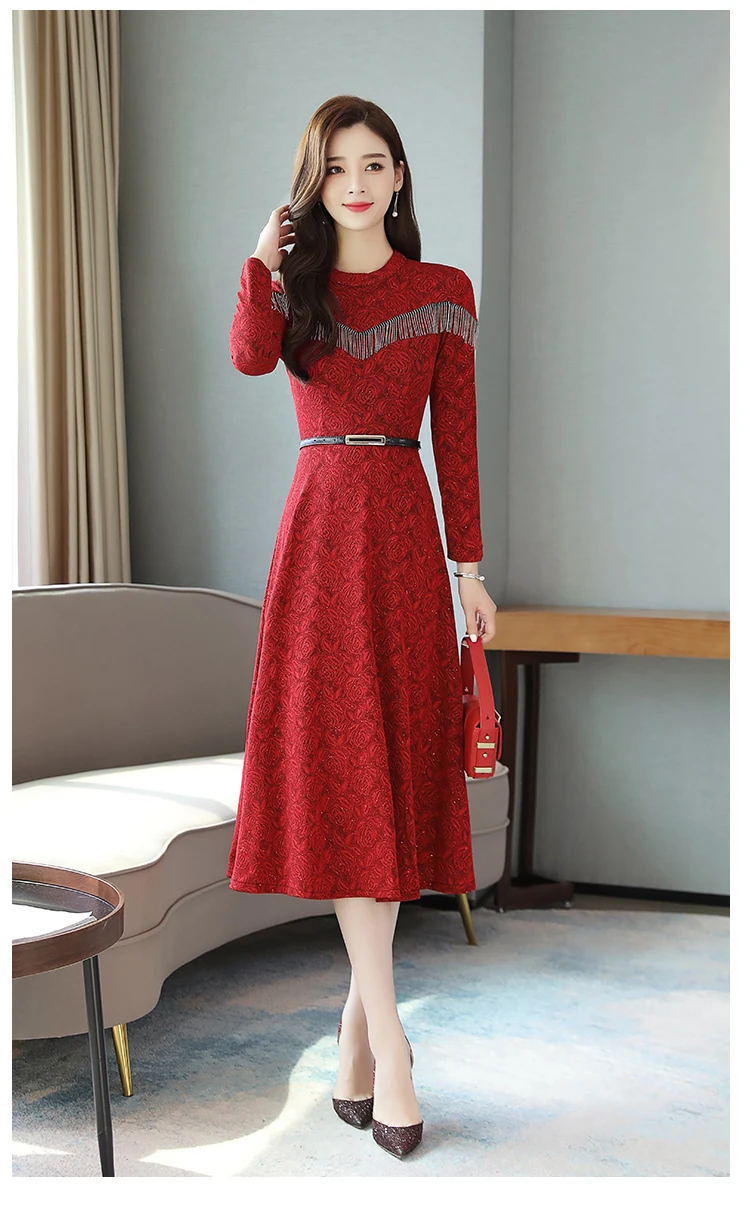 Новые осенние модные элегантные платья женские вечерние тонкие длинные платья с длинными рукавами жаккардовая одежда темно-синий красный