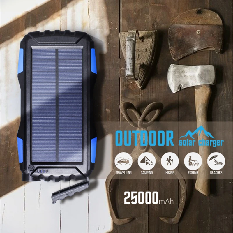 Banco de energía Solar de 25000mAh con luz LED de doble USB impermeable a prueba de polvo portátil