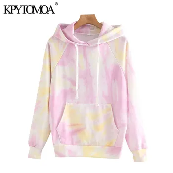 

KPYTOMOA Women 2020 Fashion Tie Dye Print Loose Hoodies Vintage Long Sleeve Pockets Streetwear Female Pullovers Chic Tops