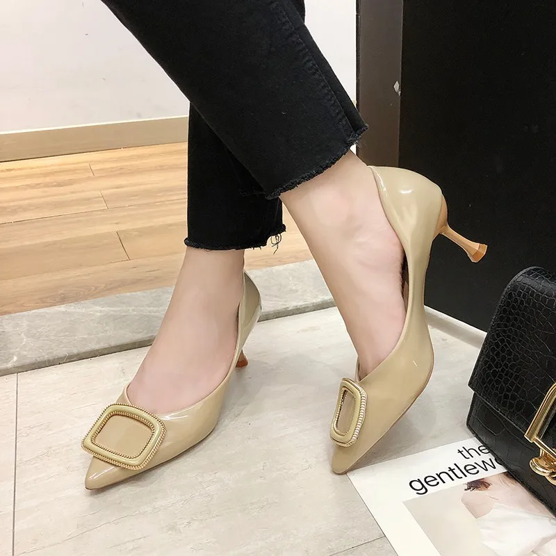 

Summer And Autumn Patent Leather Thin Heeled Pointed-Toe Metal Buckle Shallow Mouth Single Shoes Foot Covering Women's Semi-high