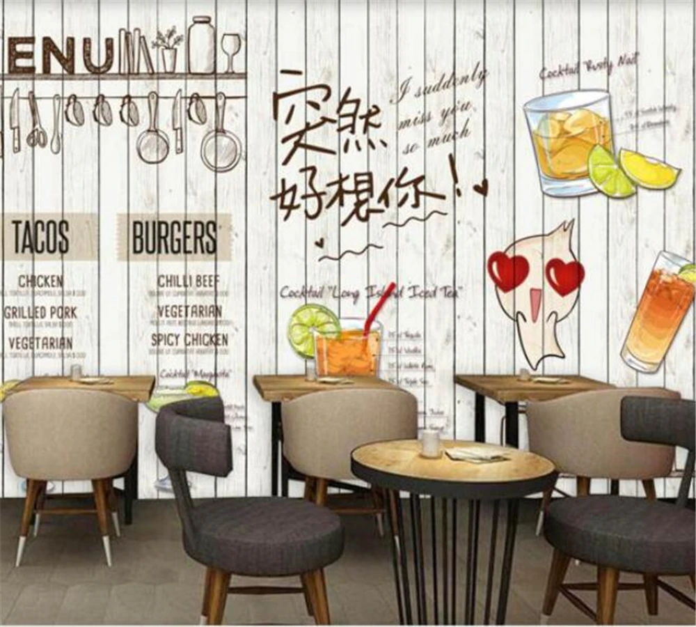 

beibehang Customized Wallpaper 3D Mural European Fashion Beauty Hand-painted Wooden Board Juice Bar Coffee Shop Background Wall