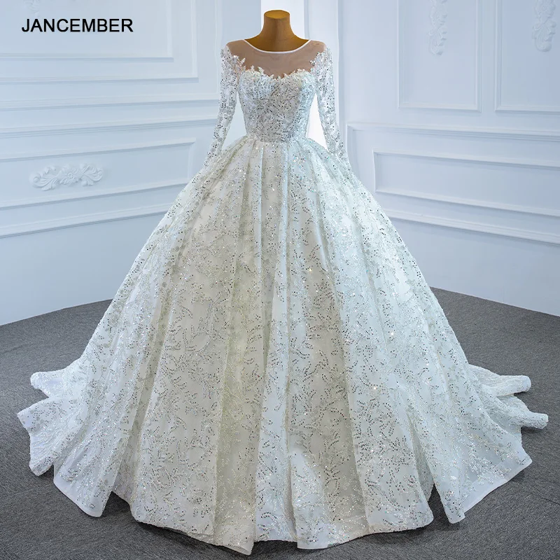 

RSM67193 White Round Neck Applique Print Pattern Sequined Wedding Dress 2021 Back Transparent Lace-Up Long Sleeve Gown