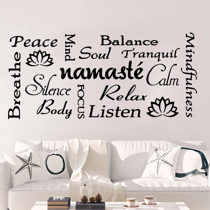 Namaste Yoga Montage Meditation Lotus Flowers Wall Sticker Bedroom Yoga Room Namaste Lotus Relax Soul Wall Decal Living Room (2)