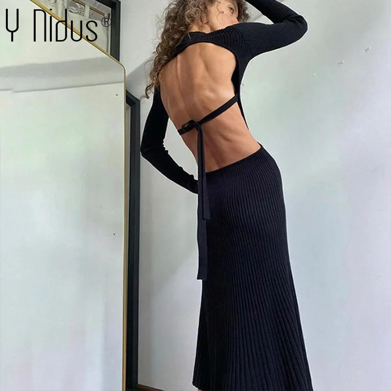 Women Knitted Maxi Dress 2020 Autumn Sexy Backless Tie Sheath Bodycon Dresses Turtleneck Solid Black Warm Woman Clothes Vestido