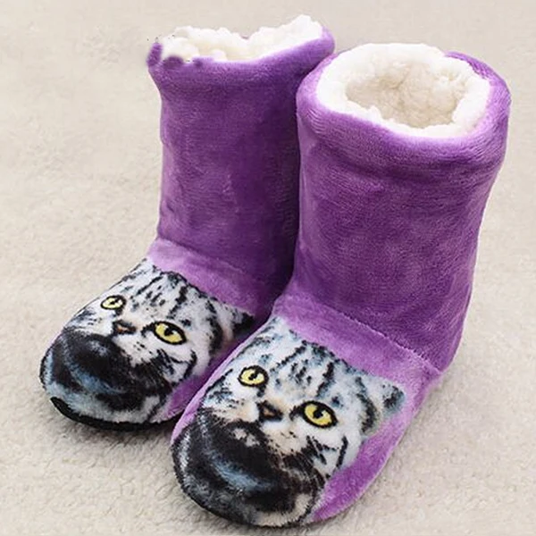 Purple Shoes Женские тапочки; домашняя обувь; зимние домашние тапочки для пар фланелевые теплые туфли на плоской подошве с милым котиком; удобные женские шлепанцы размера плюс 25 - Цвет: Purple Shoes