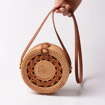 

Ins hand woven rattan Hollow Pentagram 18 * 8pu leather buckle bag decorations storage organizer handmade storage container