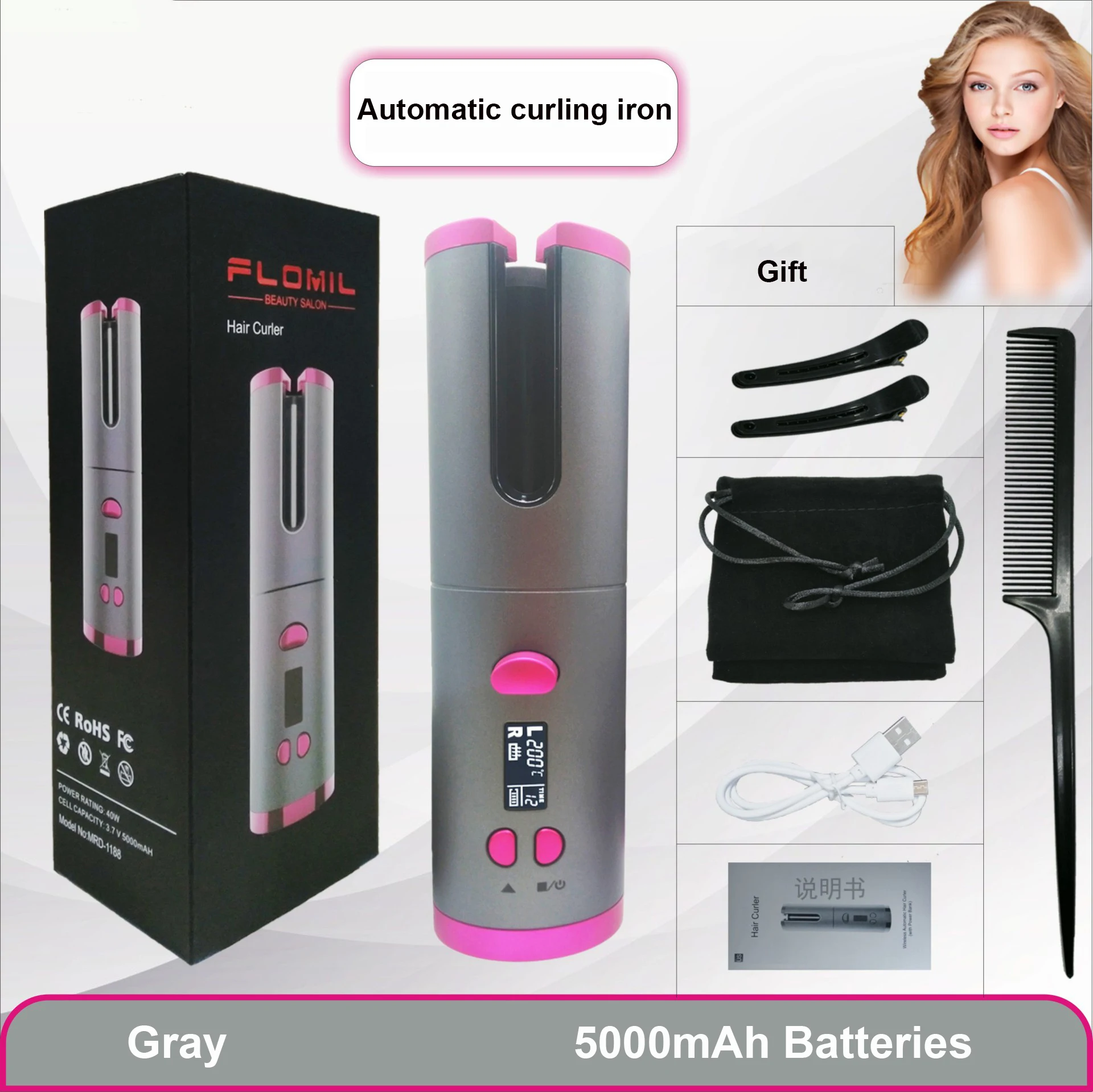 

Auto Rotating Cordless Hair Curler USB Charging Curling Iron LCD Display Temperature Adjustable Curling Wave Styling Tool