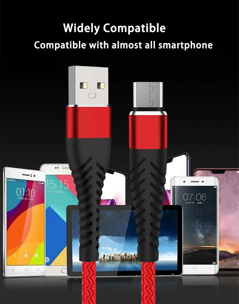 2.4A высокопрочный кабель передачи данных для быстрой зарядки для iPhone XS MAX XR 8 7 6 Micro usb type-C зарядный кабель для SAMSUNG XIAOMI LG HUAWEI