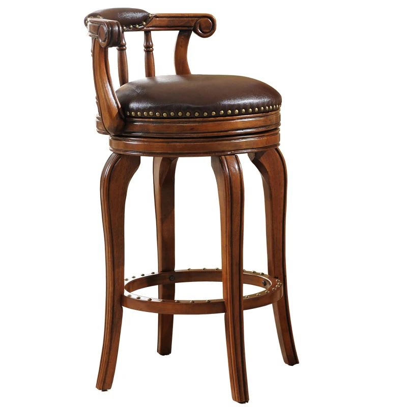 European Style Bar Chair Leather High Stool Solid Wood Bar Stool High