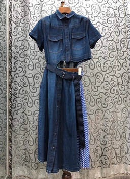 

2020 Spring and Summer New Women's Lapel Symmetric Pocket Lu Yao cingulate Color crimped Short-sleeved Denim Dress 411
