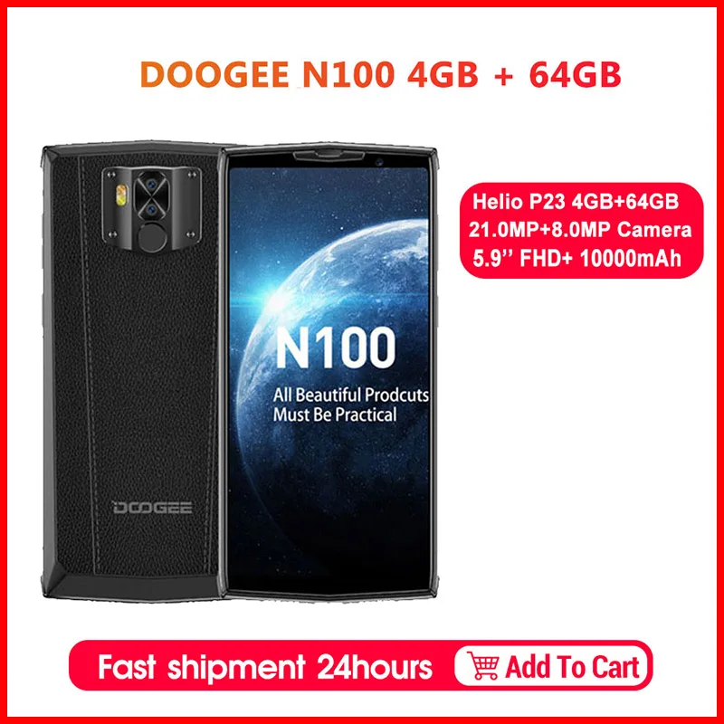 

DOOGEE N100 Mobilephone 10000mAh Battery Fingerprint 5.9inch FHD+ Display 21MP Camera MT6763 Octa Core 4GB 64GB Cellphone 4G-LTE