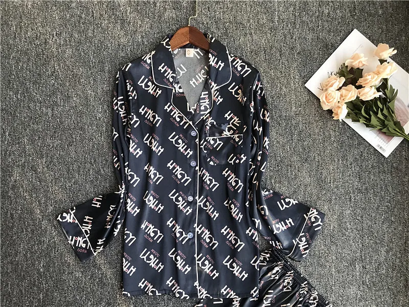 Женский Шелковый пижамный комплект с длинным рукавом и отложным воротником, одежда для сна, атласная сексуальная ночная рубашка для отдыха осень-зима