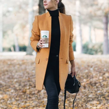 

Women Clothing Autumn Winter Solid Stand Collar Slim Long Sleeve One Button Woolen Coat Ladies Casual Streetwear Outwear SJ4858M