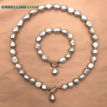 

Special pendant on IQ OT clasp necklace bracelet set gray color smei baroque pearls 11-12mm natural freshwater for Party Jewery