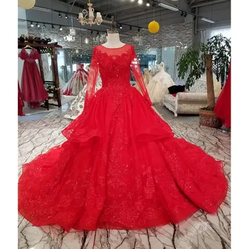 

BGW HT33017 Red Wedding Party Formal Dress O Neck Illusion Translucent Long Sleeve Lace Up Tulle Back Evening Dress With Train