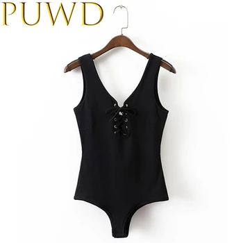 

summer sexy solid black women lace up bodysuits cotton comfortable fit the body soft female elegant bodysuits girls chic
