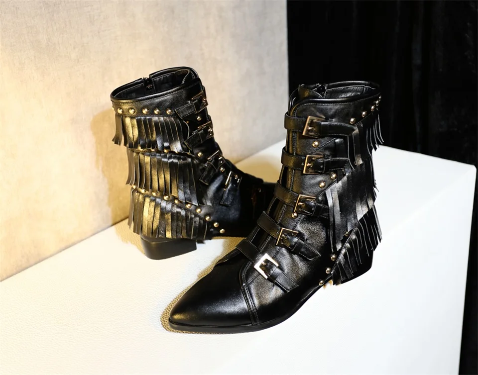 Women's booties real leather fabric belt buckle decorative pointed toe tassel design autumn and winter boots fashion shoes women