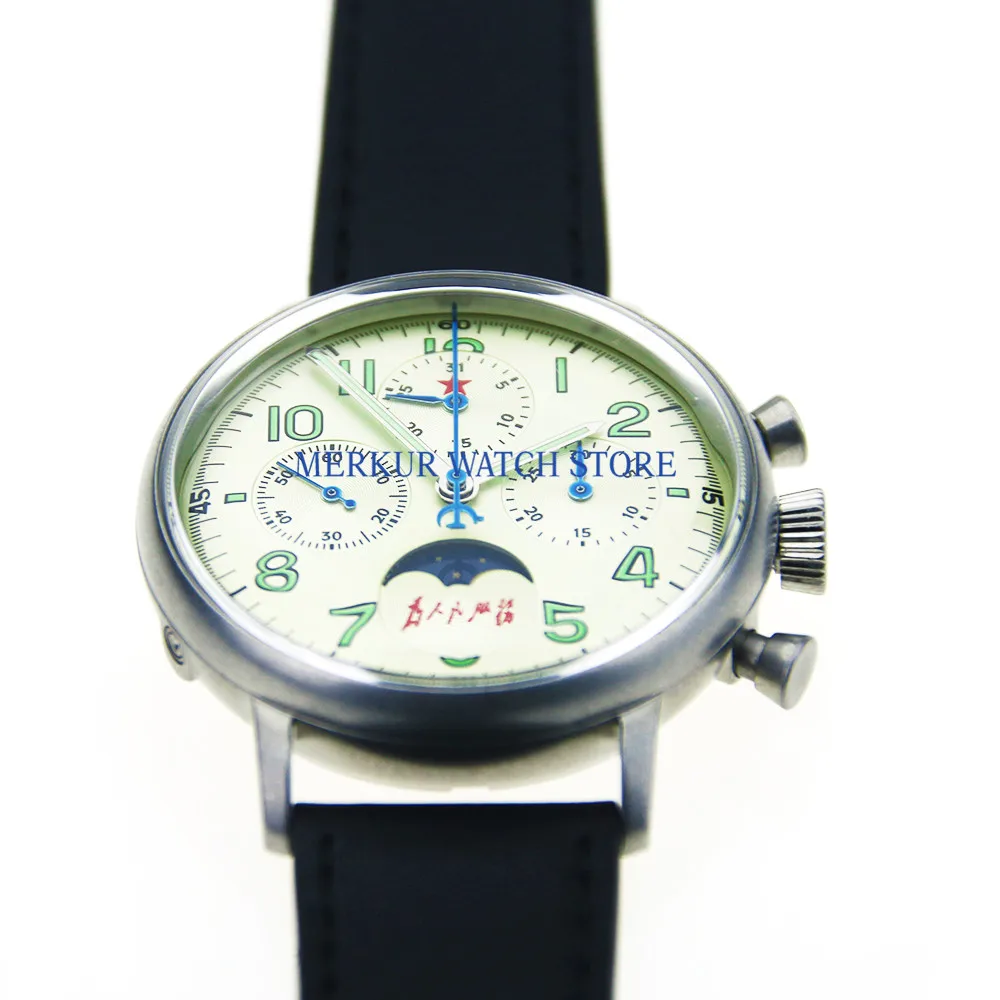Красные Звездные мужские большие пилотные часы механический хронограф для Seagull Movement Flieger B-uhr служить людям Moonphase календарь