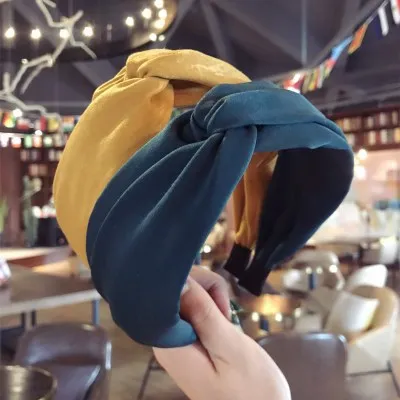 High-end boutique hair accessories with solid color fabric cross knotted wide-brimmed headband