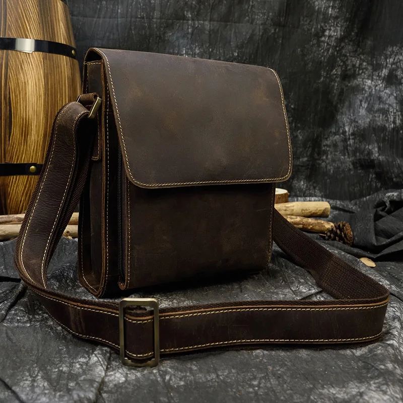 Men's Small Vintage Leather Messenger Bag with Zipper