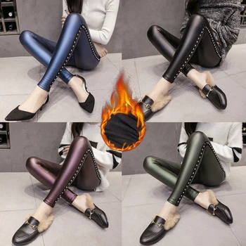 

Winter Velvet warmth women pants PU Leather leggings Women Fashion Rivets Pencil Pants S-XXL Ladies skinny pants women