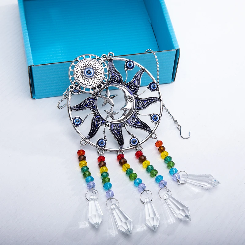 H& D чакра Хрустальная сосулька Призма Suncatcher турецкий синий сглаза Радуга настенный подвесной кулон для домашнего декора(Луна и звезда