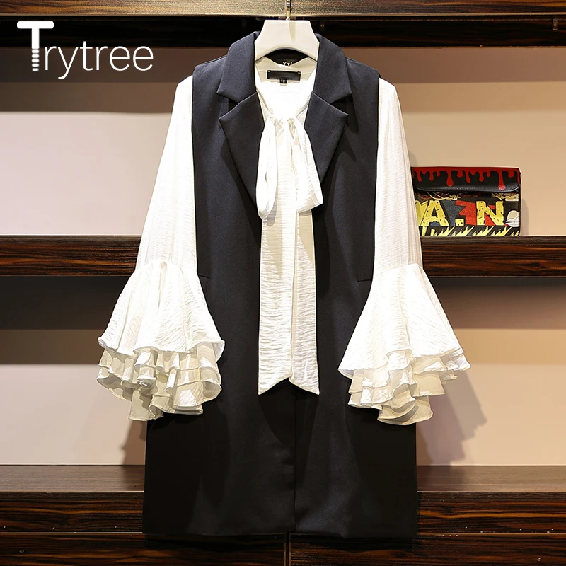 

Trytree Autumn Women two piece set Casual Turn-down Collar Single Button Vest + Blouse Petal Sleeve Office Lady Suit 2 Piece Set