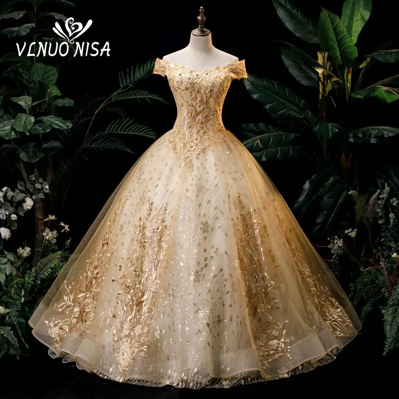 

Girl's Party Graduation Charming Dress Boat neck off shoulder Ball Gown Tulle Gold Pears Appliques Cute Dress For Graduation Hom