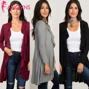 

Women Loose Solid Cardigan Casual Long Sleeve Autumn Autumn, Winter None Turndown Collar Outwear