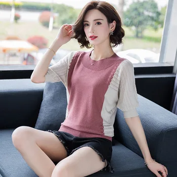 

2020 ladies round neck stitching short sleeve knitted T-shirt