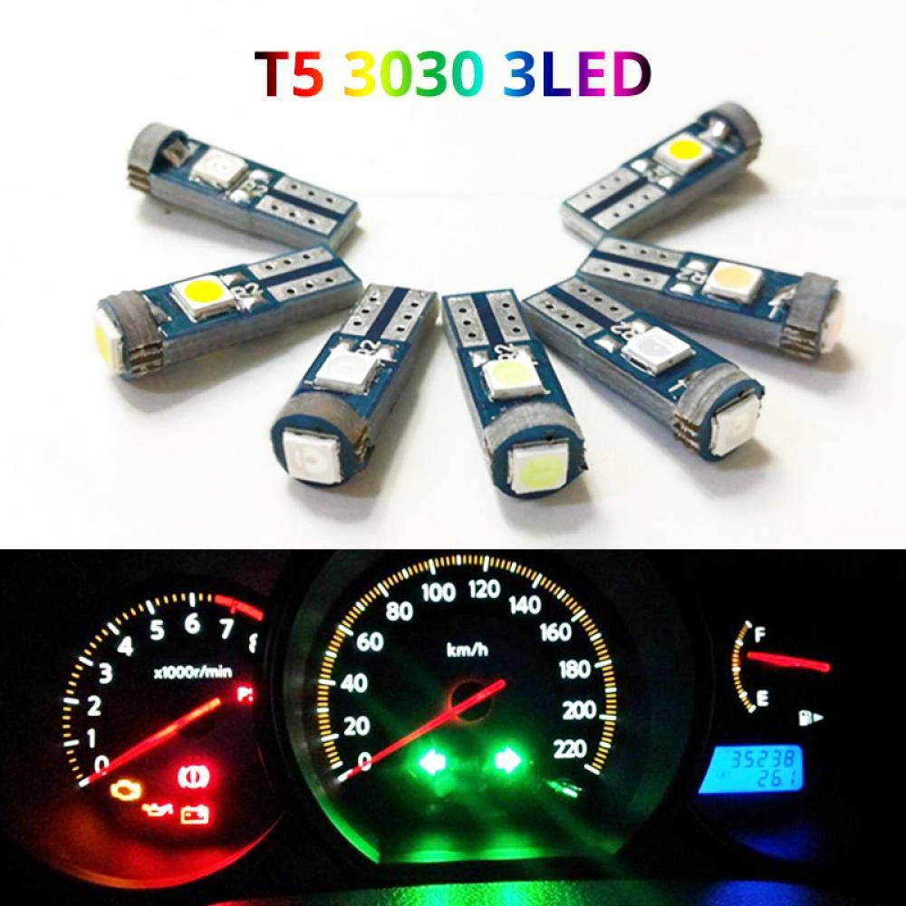 

10Pcs T5 Super Bright 3 SMD 3030 LED Wedge Dashboard Gauge Lamps Car Warning Indicator Instrument Cluster Lights Bulb
