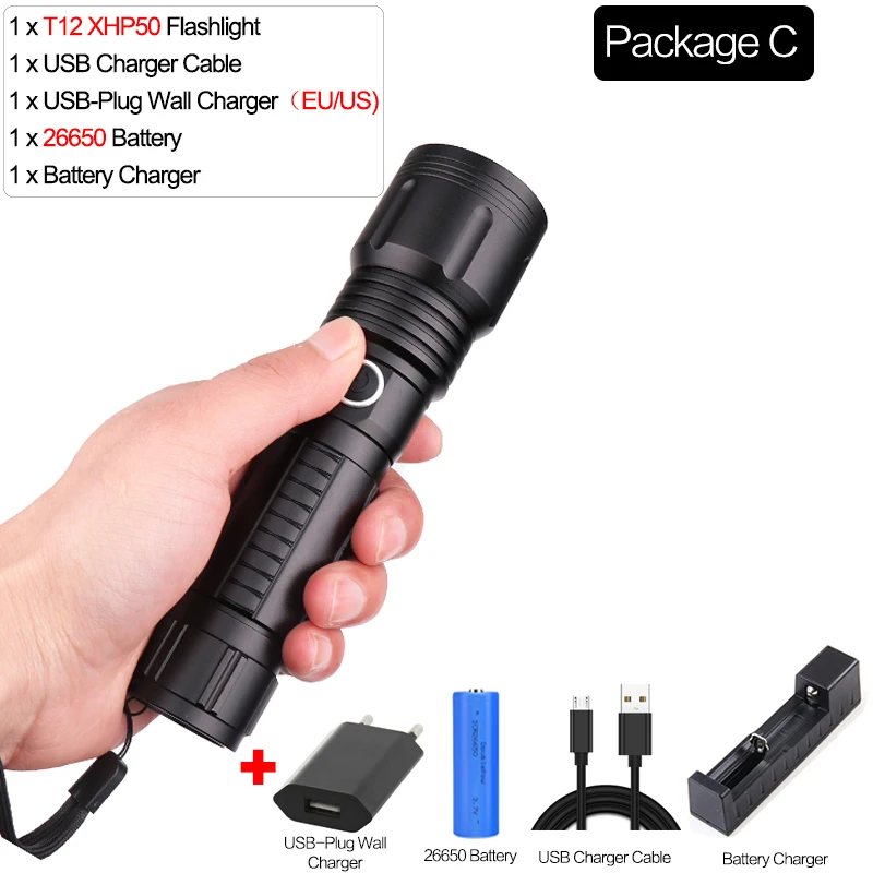 Package C Фонарик XHP 70,2 светодиодный фонарь, масштабируемый фонарик XHP70 XHP50, USB фонарь, фонарик для кемпинга, перезаряжаемый аккумулятор 18650 - Испускаемый цвет: Package C
