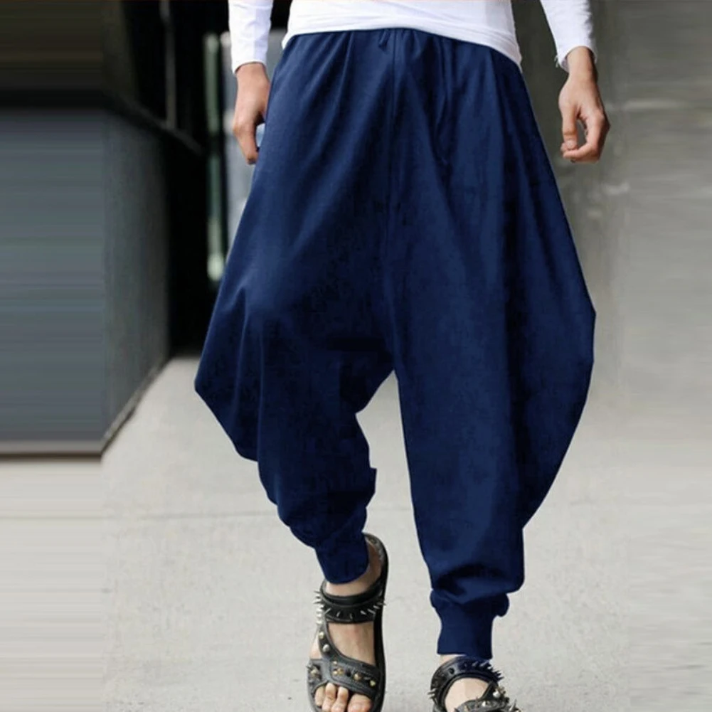 Vintage Solid Color Loose Sports Harem Pants Wide Leg Elastic Band Long Trousers Solid color easy match comfortable Loose style