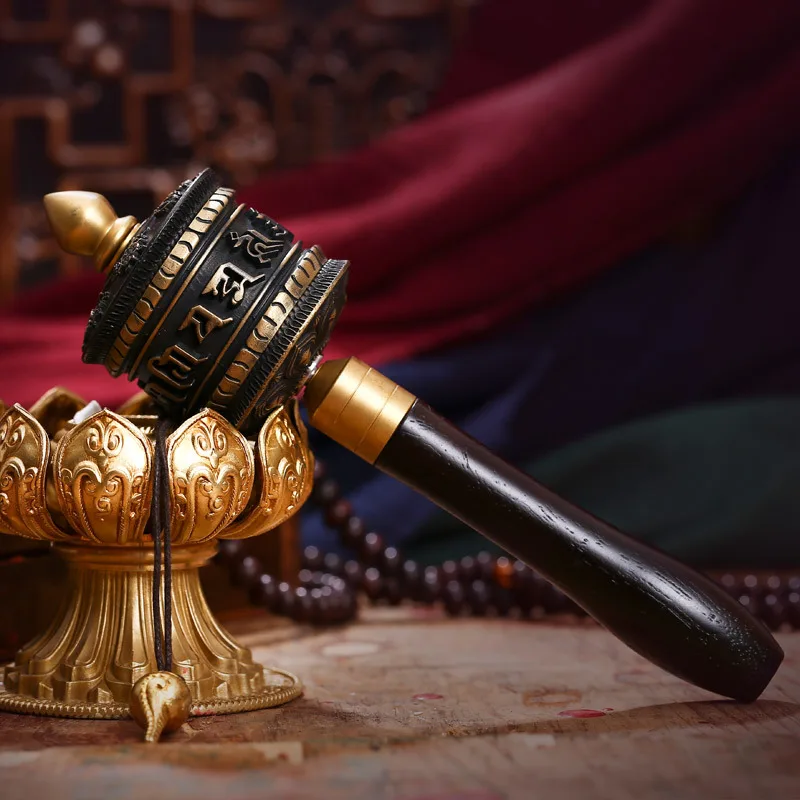 

Nepal 19cm Pure Copper Gold/Black Buddhist Tranic Suppliers Smooth Quiet Six Words Scripture Hand Cranking Prayer Wheel Crafts