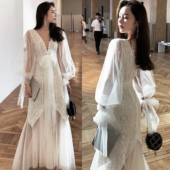 

Sexy Deep V-Neck White Lace Sash Design Mesh Lining Long Sleeve Evening Dress Formal Dresses For Weddings Vestidos De Novia