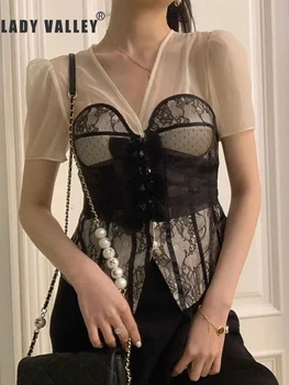 

Free shipping sexy V-neck perspective mesh stitching contrast color lace tube top shirt ladies summer new retro wild bow