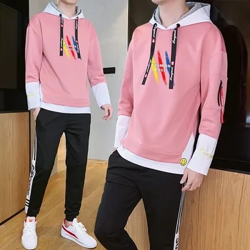 

Autumn Boys Students Casual Sweatshirt Trousers 2pcs Set Hooded Top Loose Pants Sz M-4XL Handsome Guys Clothing L75