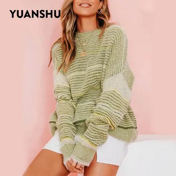 

YUANSHU Autumn Winter Fluffy Mohair Sweater Women Long Sleeve Patchwork Knitted Pullovers Green Striped Oversized Jumpers