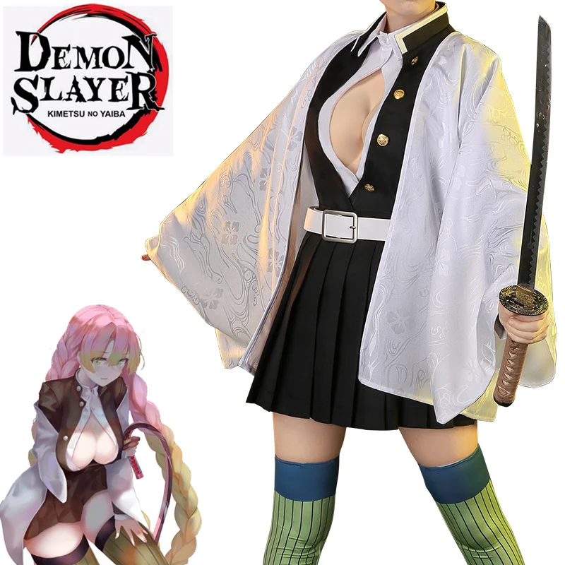 

2020 Anime Demon Slayer Kimetsu no Yaiba Cosplay Haori Costume Kanroji Mitsuri Costume Full of Sets for Women Skirt Cosplay wig